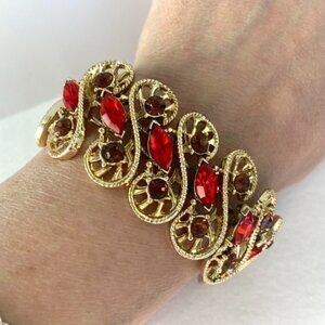 VTG Signed Dodds Gold Plated Red Brown Rhinestone Bracelet 7.25"